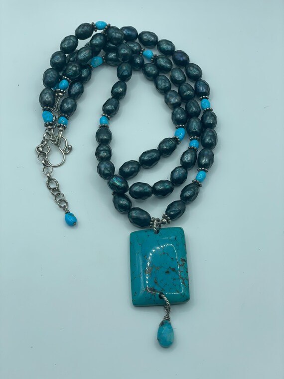Collier Vintage Perles Turquoise & Nacre – Strass – Très Bon état – Bijou Rétro