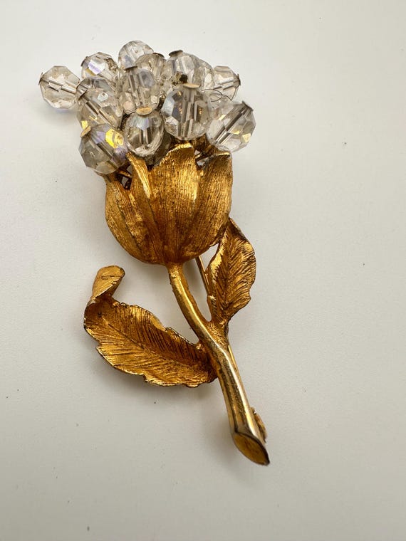 Vintage Crystal Flower Brooch – Gold Tone Leaf Stem With  display picture 2