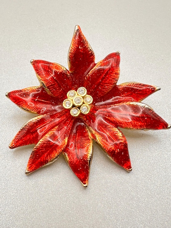 Vintage Enamel Poinsettia Brooch, Red Green Rhinestone Floral Pin