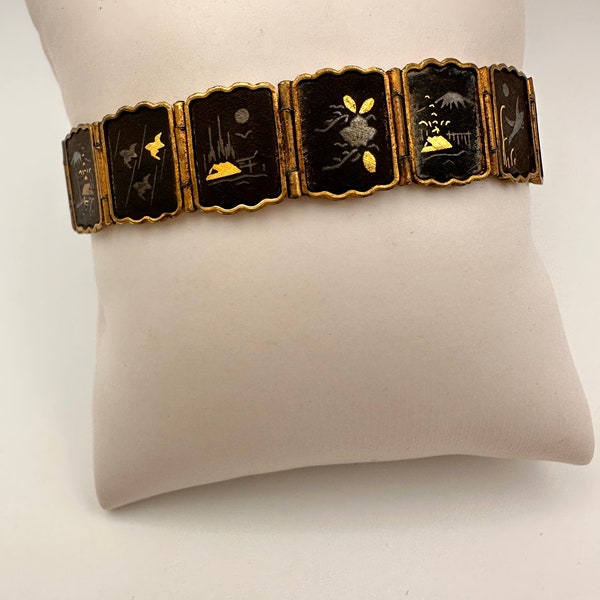 Vintage DAMASCENE Bracelet Two Sided w/ Chain Guard