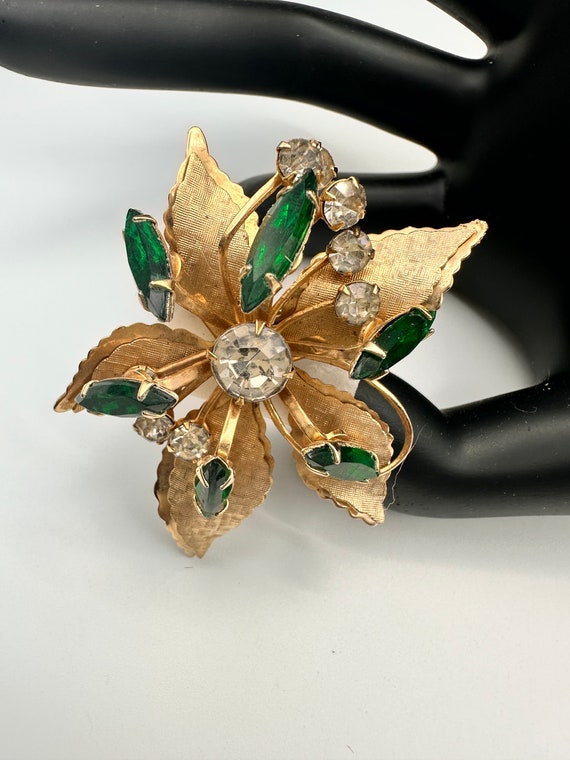 Vintage Emerald Green & Clear Rhinestone Cut Flor… - image 2