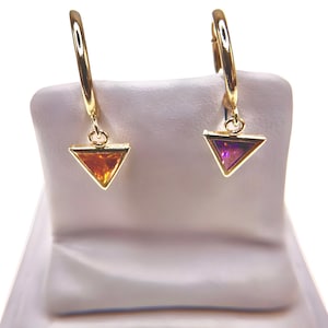 PAIR of SOLID 14K Gold 13mm Endless Sleeper hoop Earrings with triangle stone, tiny earring, minimalist small hoop, Gold earrings w gift box
