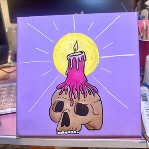 Original Artwork Skull and melted candle gothic boho pastel goth wall decor 8x8 canvas acrylic painting 1/1 spooky art