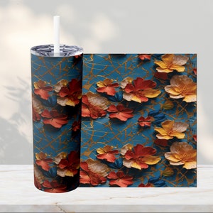 Kintsugi Blue and Gold With Flowers 20oz Skinny Tumbler Sublimation, Straight Tumbler wrap png, Seamless Design