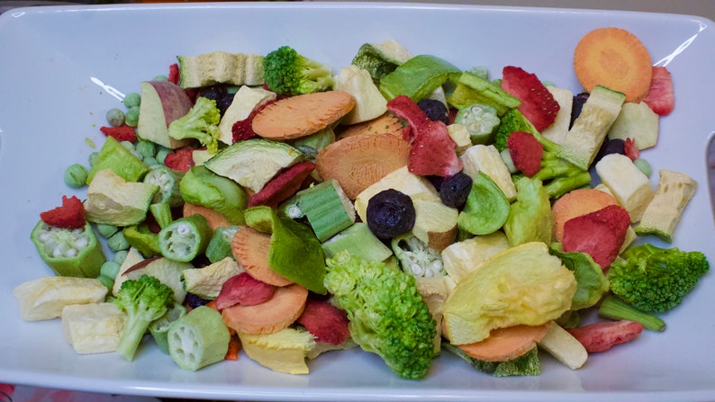 May include: A white ceramic dish filled with a variety of dried fruits and vegetables, including red strawberries, orange carrots, green broccoli, and yellow pineapple.

“Premium freeze-dried bird food by Runzas made with real fruits and vegetables for parrots”