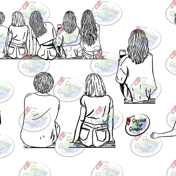 6 Friends/Sisters Sitting Separately SVGs & PNGs