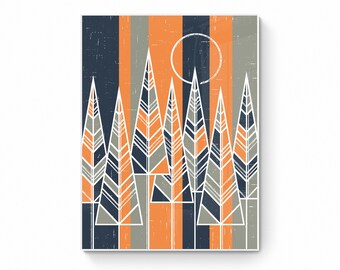 Geometric Tree Print, Abstract Forest Print, Orange & Navy, Printable Wall Art, Tree Art, Modern Wall Print, Digital Download