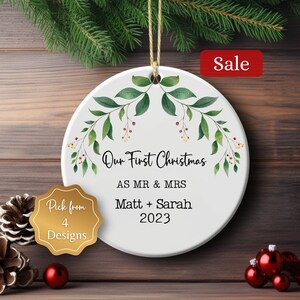 Mr and Mrs Christmas Ornament, Personalized Our First Christmas Married Keepsake, Newlywed Christmas Gift, Wedding Christmas Ornament 2023