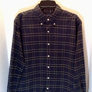 Vintage Ralph Lauren Shirt Navy/Green Tartan Plaid Classic Fit Shirt Cotton Button Down Embroidered Pony Logo Designer Shirt Men Size L