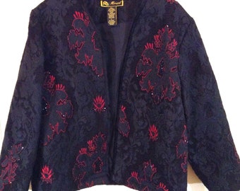 Vtg Mirasol Black Red Paisley Jacket Blazer Wmn L Beaded Embroidered Silk Blend Open Front Grunge Fairygoth Whimsigoth Witchy Steampunk Y2K