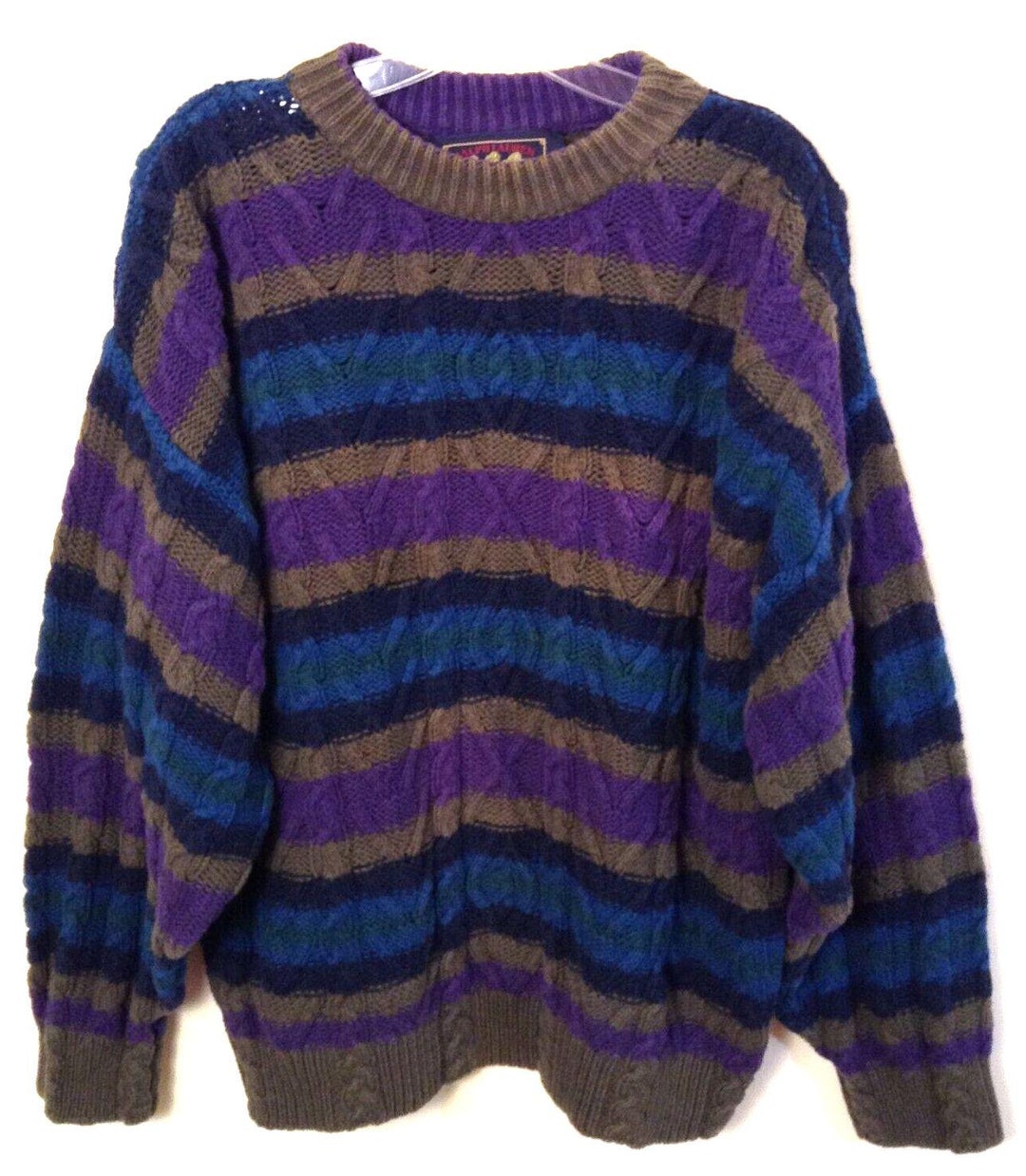 Vtg Chaps Ralph Lauren Chunky Grandpa Sweater Men XL Striped Cable ...