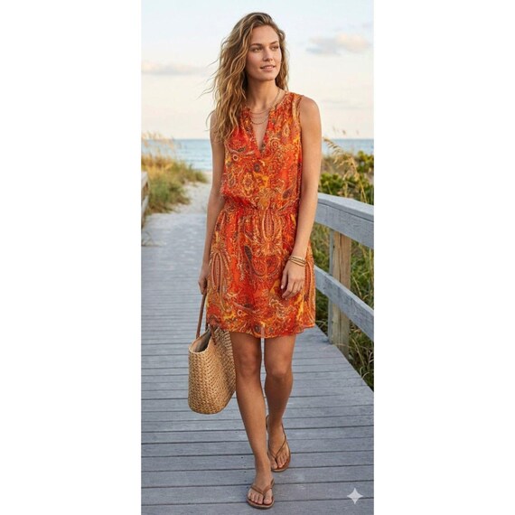 ralph lauren boho dresses Lauren Dress Women 8P Orange Paisley Coastal Vacation Chic Maxi dress