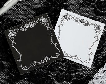 Gothic Rose Vine Notepad, Black and White, 3x3in Memo Pad, 50 pages