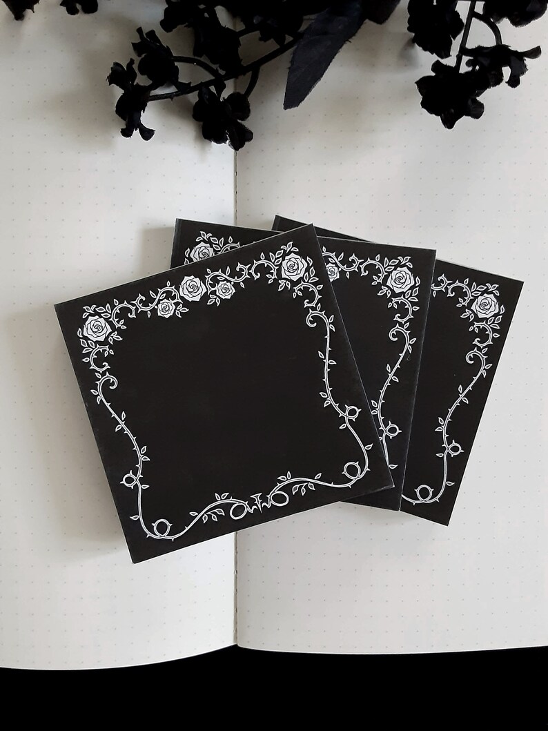 Gothic Rose Vine Notepad, Black and White, 3x3in Memo Pad, 50 pages Black