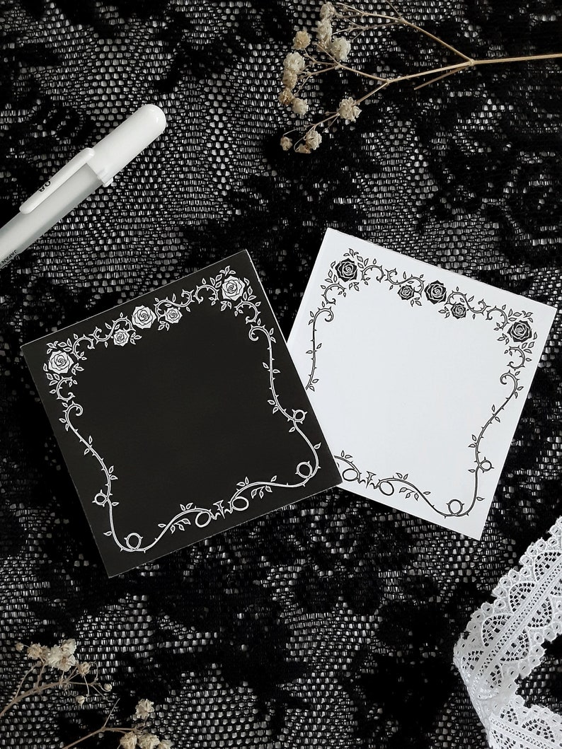 Gothic Rose Vine Notepad, Black and White, 3x3in Memo Pad, 50 pages image 1