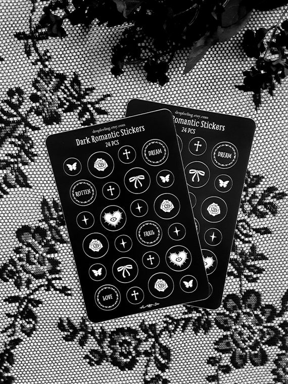 Dark Romantic Gothic Planner Sticker Sheet (24 Pieces), Minimal & Simple Gothic Stickers, Gothic Stationery