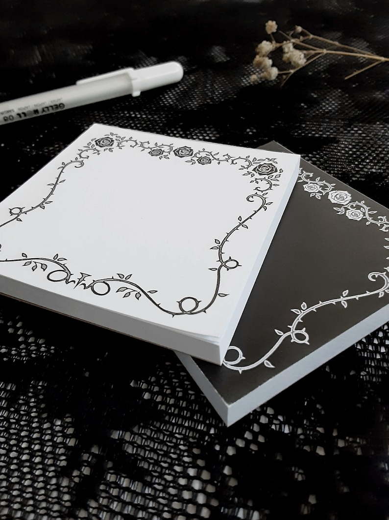 Gothic Rose Vine Notepad, Black and White, 3x3in Memo Pad, 50 pages image 5