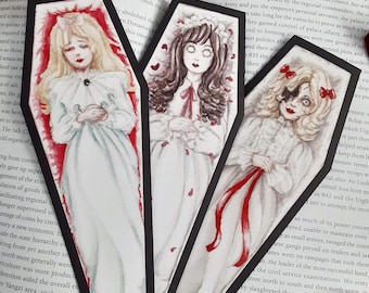 Creepy Girls Watercolor Coffin Bookmarks