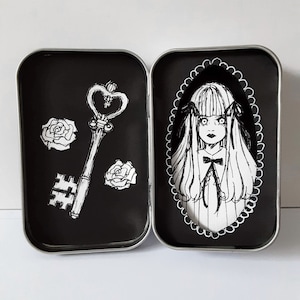 Altered Tin Art - Gothic Victorian Girl, Rose & Key