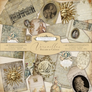 Kit d'embellissements pour Junk Journal "Versailles : Ballade au château", papiers imprimables, téléchargement numérique.