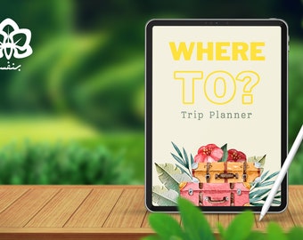 Puede incluir: Una tableta digital con un gráfico amarillo y blanco que dice "WHERE TO? Trip Planner". La pantalla también presenta una ilustración de acuarela de hojas tropicales, flores y dos maletas.
