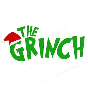 Może przedstawiać: Projekt graficzny z napisem "THE GRINCH" w kolorze zielonym i czerwoną czapką Świętego Mikołaja na literze "G". Projekt znajduje się na białym tle. Tekst jest pogrubioną, zabawną czcionką.