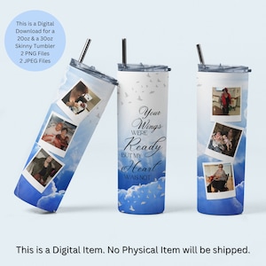 Aangepaste collage herdenkingsfoto beker wrap png, jpeg, je vleugels waren klaar sympathie sublimatie beker png, herdenking rouw cadeau