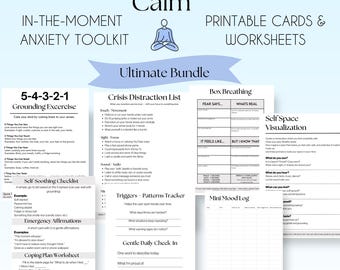 Instant Calm Anxiety Toolkit | Printable Mental Health Cards & Crisis Sheets | Grounding, Breathing, DBT Tools | PDF Download