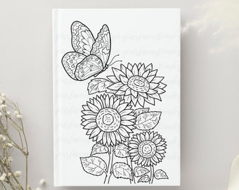Printable Sunflower Coloring Page, Butterfly, PDF, Printable coloring Pages, Adult Coloring Page