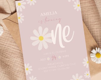 Editable Daisy Birthday Invitation Girl, Boho Wildflower 1st Birthday Invite, Floral Printable Party Template, Boho Daisy Theme Digital