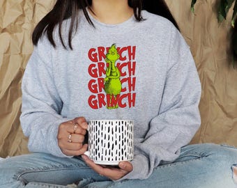 Grinch Sweatshirt Crewneck, Funny Christmas Sweater for Women & Men, Grinch Face Shirt, Holiday Apparel, Merry Grinchmas Gift Idea