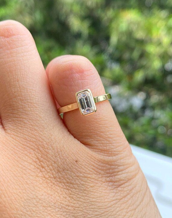 Half Bezel Emerald Cut Mens Diamond Wedding Ring In 14K White Gold