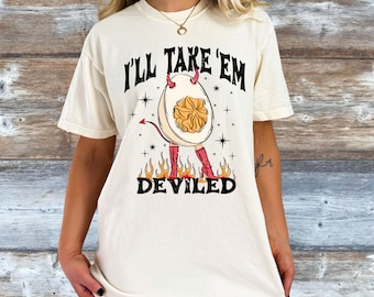 Camisa de ação de graças com cores confortáveis, camiseta gráfica grande com estampa de ovo deviled