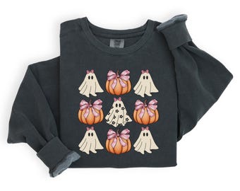Comfort Colors Halloween Sweatshirt for women. Girly Ghost Crewneck, Coquette Halloween Shirt