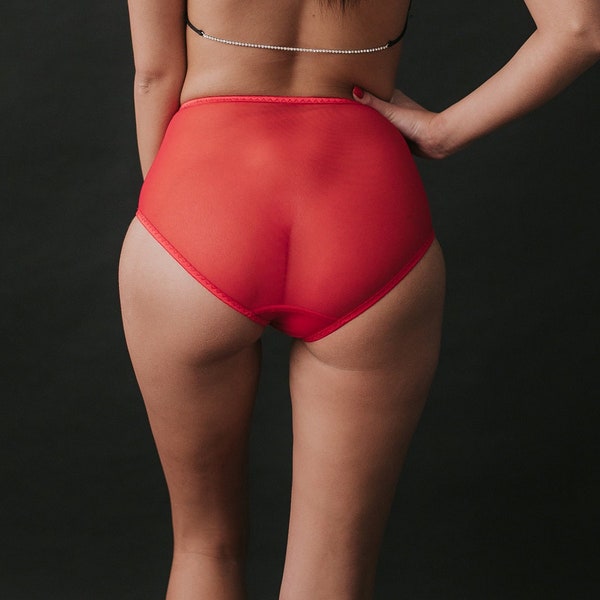 Mesh high waist panty. Red see through. Great gift for her.