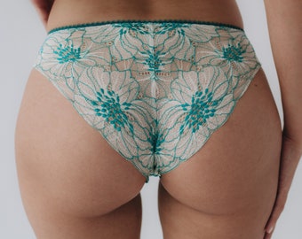 Low waist lace panties. Romantic lingerie. Lace underwear. Sensual and feminine.