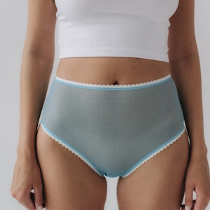 Hoch taillierte transparente Höschen. Baby blau gepunktetes durchsichtiges Höschen. Sexy Unterwäsche für Sie.