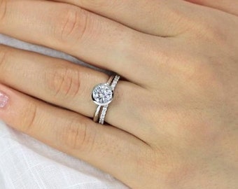 Bridal Set Wedding Ring, Solitaire Wedding Ring, 14K White Gold Plated Ring, Bezel Set Ring, Eternity Diamond Band, Engagement Ring Set