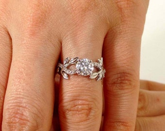 Beautiful Leaf Wedding Band, Split Shank Engagement Ring, Botanical Ring, White Gold Plated Ring, 2.1 Ct Round Cut Wedding Ring, Gifts