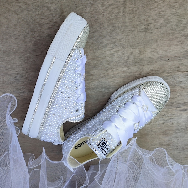 Platform Wedding Converse Custom  Bridal Swarovski Crystals and Pearls Women's  Original Converse  Sport Bridal Shoes Wedding & Party Shoes