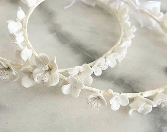 Greek Stefana-Porcelain romantic flowers with silk weave -  Greek Orthodox, Bridal Crowns-APHRODITE