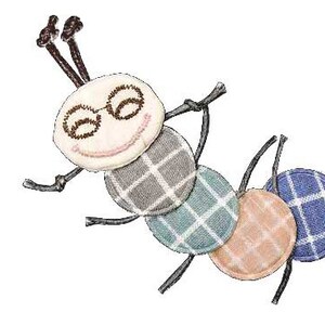 May include: A whimsical embroidered ant with a smiling face, wearing glasses, and a body made of four patterned fabric circles in shades of gray, blue, and peach.