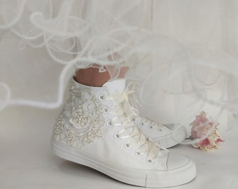 Ivoor bruiloft Converse High Top, aangepaste Converse schoenen, Lace High Top Converse voor bruid