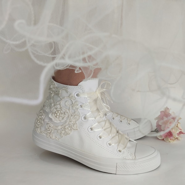 Ivory Wedding Converse High Top, Custom Converse shoes, Lace High Top Converse For Bride
