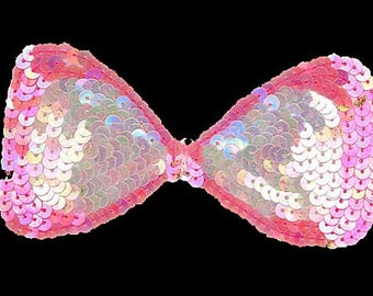 Sequin Bow Patch,  Pink Patches,, Beaded Applique, Embroidery Patch Sew On 1 piece