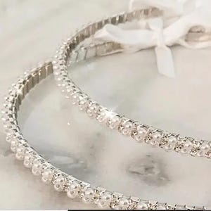 Greek Stefana-Crowns with crystals and white pearls in a double row on a silver bar -Greek Orthodox, Bridal Crowns -HAROULA SILVER