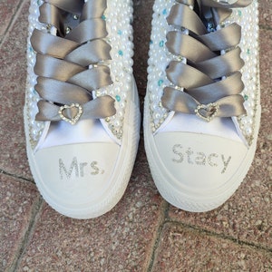 Pearl and Rhinestone Sneakers, Bling Shoes, Personalized Pearl Sneaker, Bride Sneakers, Customized Sneakers, Custom, School, Ribbon, Wedding