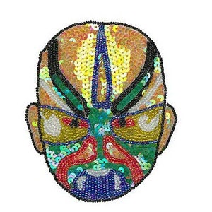 May include: A colourful, beaded mask with a fierce expression. The mask is made of sequins and beads in shades of green, blue, red, yellow, and gold. The mask has a traditional Chinese opera design.