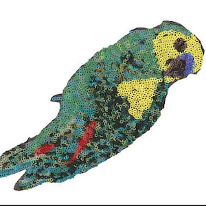 May include: A green, yellow, and blue sequined parrot applique. The parrot is facing right and has a red beak.