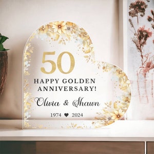 Placa acrílica personalizada con forma de corazón para el 50.º aniversario de bodas. Regalos de boda de oro para padres y esposos.